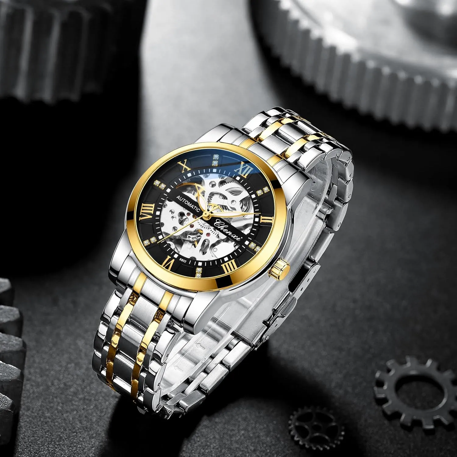Two Tone Stainess Steel Waterproof Wrist Watches Men's Automatic Skeleton Watches saltwater mystical regardless potato huge Self Winding Mechanical Black 