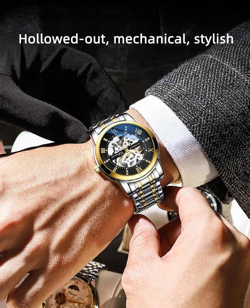 Two Tone Stainess Steel Waterproof Wrist Watches Men's Automatic Skeleton Watches saltwater mystical regardless potato huge Self Winding Mechanical Black 