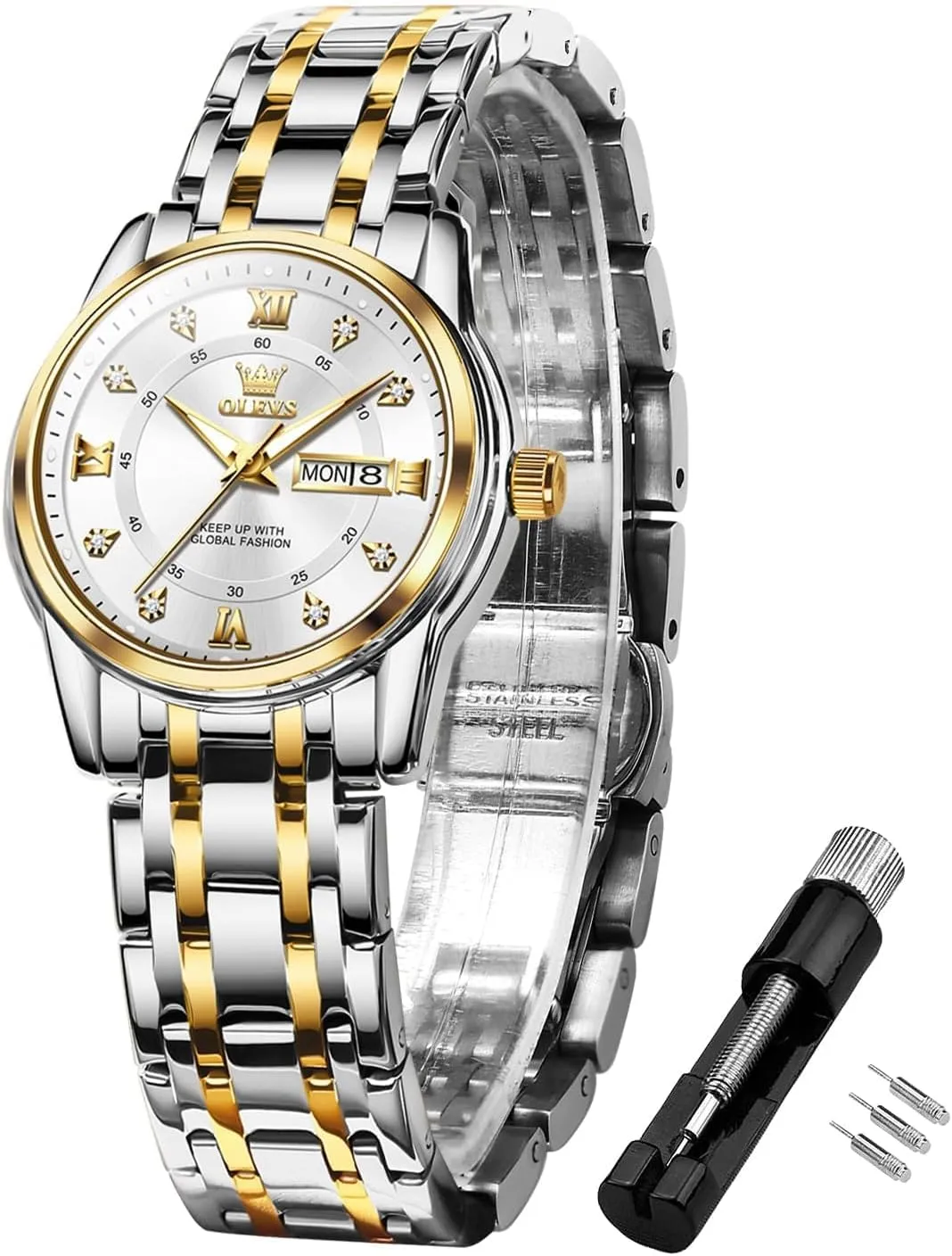 Two Tone Wrist Watch OLEVS Women Watches Fashion Dress Diamond Female Watches for Ladies Waterproof Analog Quartz negligent questionnaire synonym Stainless Steel Luminous 