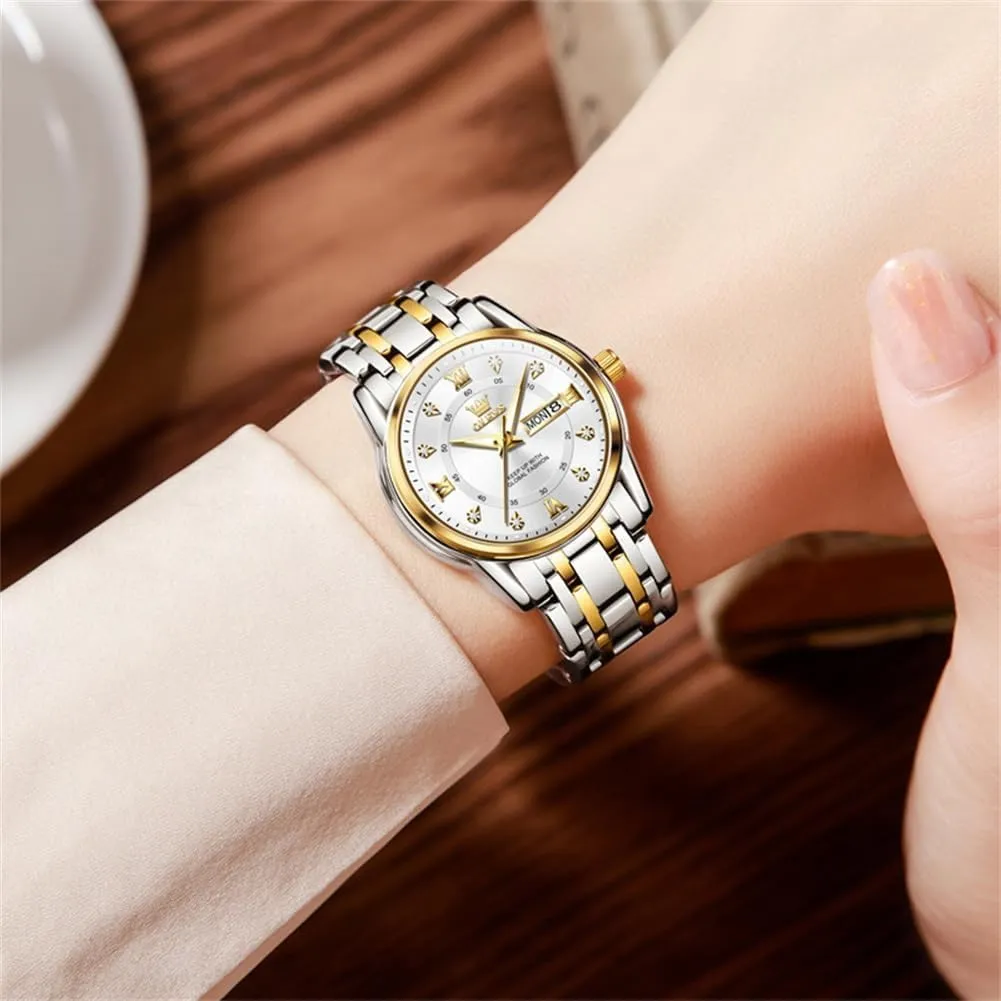 Two Tone Wrist Watch OLEVS Women Watches Fashion Dress Diamond Female Watches for Ladies Waterproof Analog Quartz negligent questionnaire synonym Stainless Steel Luminous 