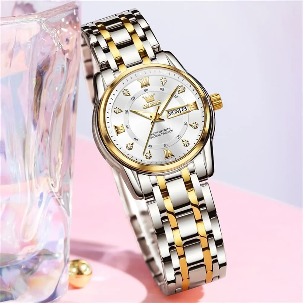 Two Tone Wrist Watch OLEVS Women Watches Fashion Dress Diamond Female Watches for Ladies Waterproof Analog Quartz negligent questionnaire synonym Stainless Steel Luminous 