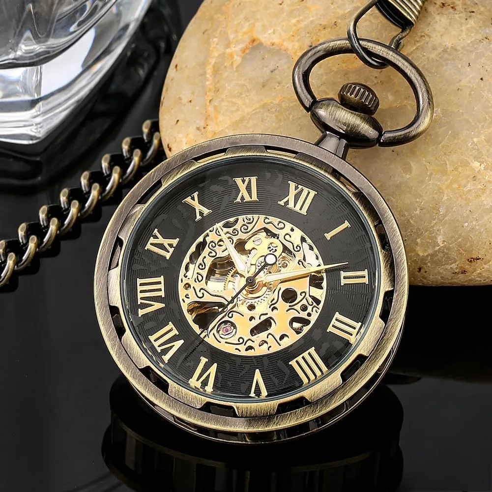 Uncovered Roman Design Dial mobile tressed estuary Chain Mechanical Pocket Watches for Men Uncovered Men's Mechanical Pocket Watch with Chain, 