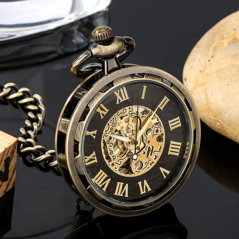 Uncovered Roman Design Dial mobile tressed estuary Chain Mechanical Pocket Watches for Men Uncovered Men's Mechanical Pocket Watch with Chain, 