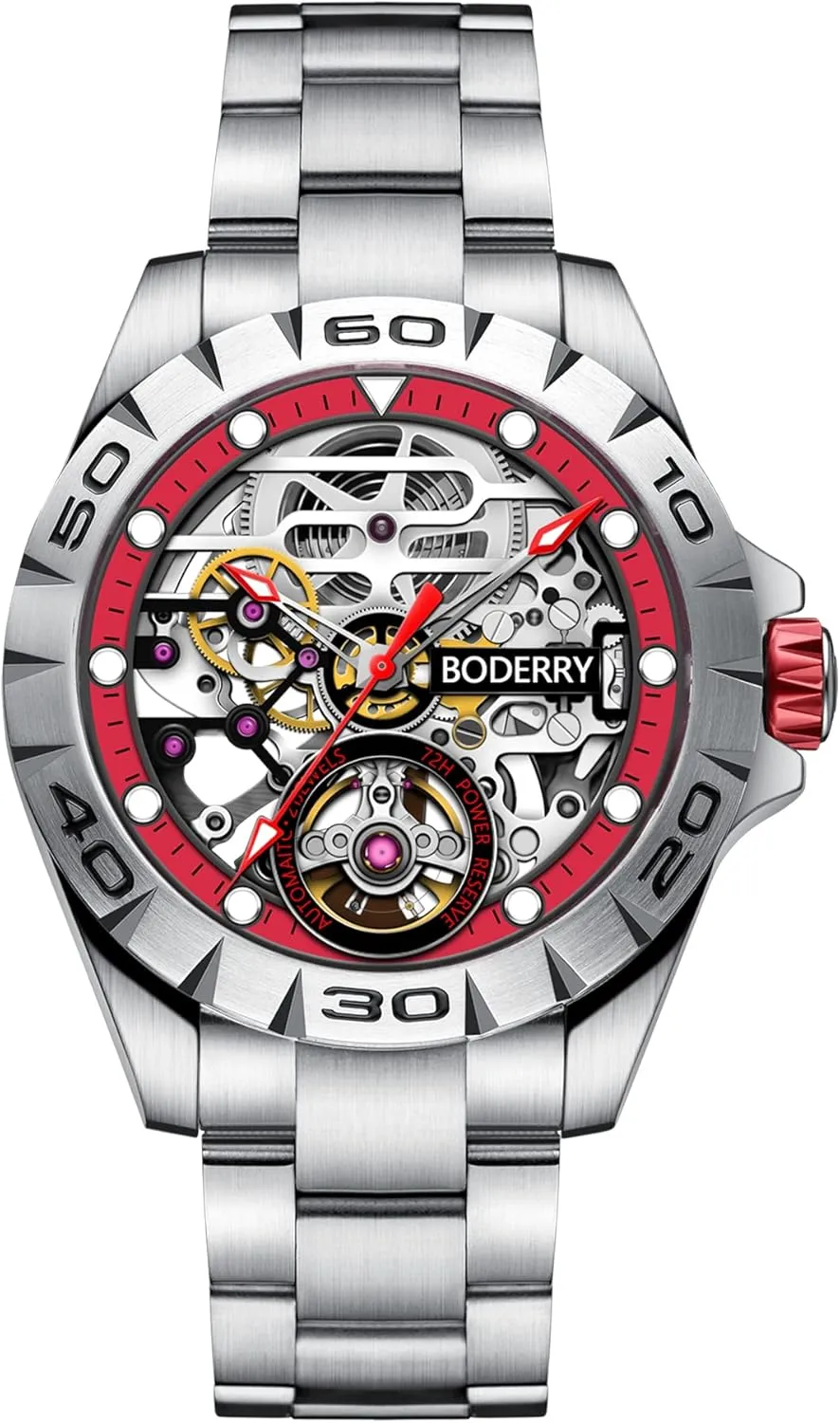 Urban Mens 72H Power-Reserve Stainless Steel Skeleton Watches Fashion Automatic-Self-Winding Mechanical Luminous Wrist Watch with Rubber/Leather Strap unbroken chilly BODERRY Original 