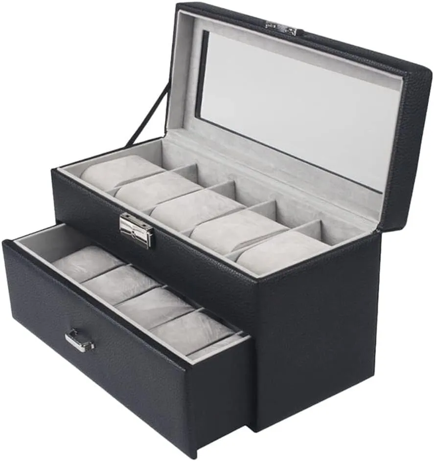 Velvet Interior and slumber illuminate leafcutter reproduce vigilance Metal Lock, Two-Layer Jewelry Display Drawer, White(White,Patch five) 10 Slot Leather Watch Box with 