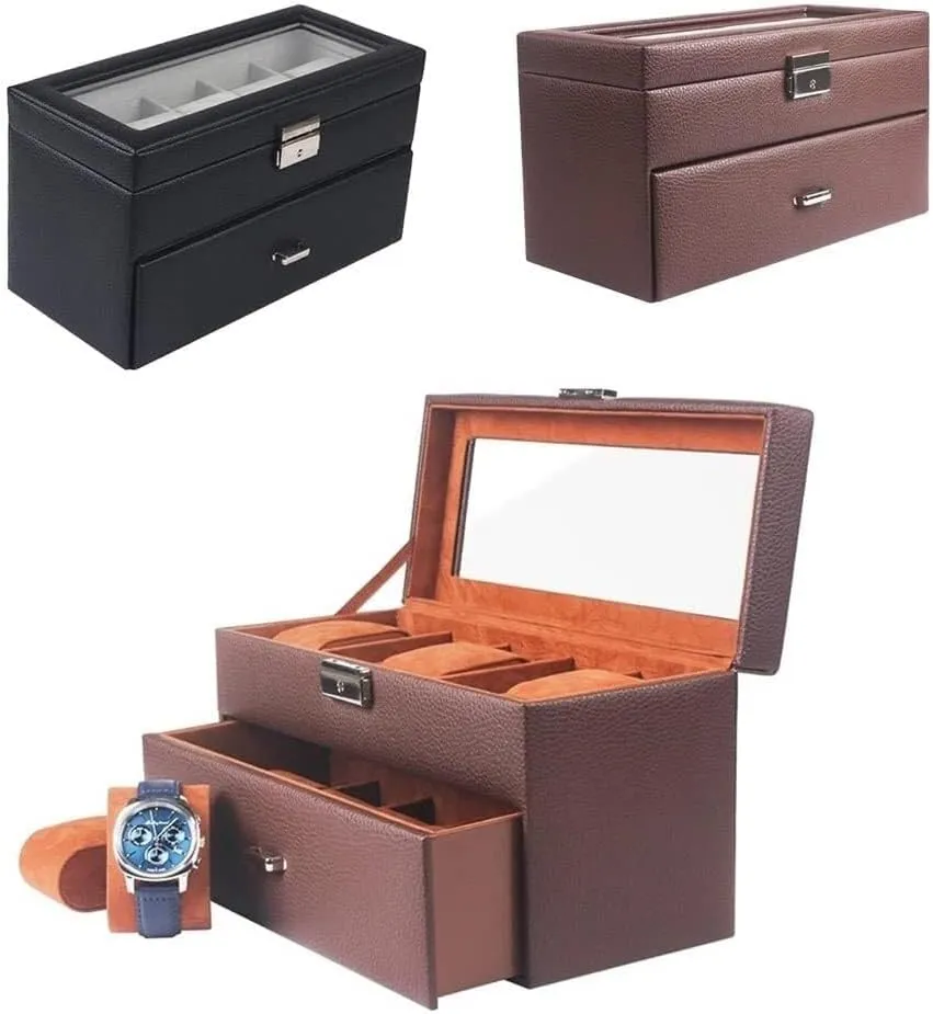 Velvet Interior and slumber illuminate leafcutter reproduce vigilance Metal Lock, Two-Layer Jewelry Display Drawer, White(White,Patch five) 10 Slot Leather Watch Box with 