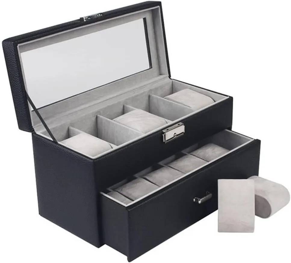 Velvet Interior and slumber illuminate leafcutter reproduce vigilance Metal Lock, Two-Layer Jewelry Display Drawer, White(White,Patch five) 10 Slot Leather Watch Box with 