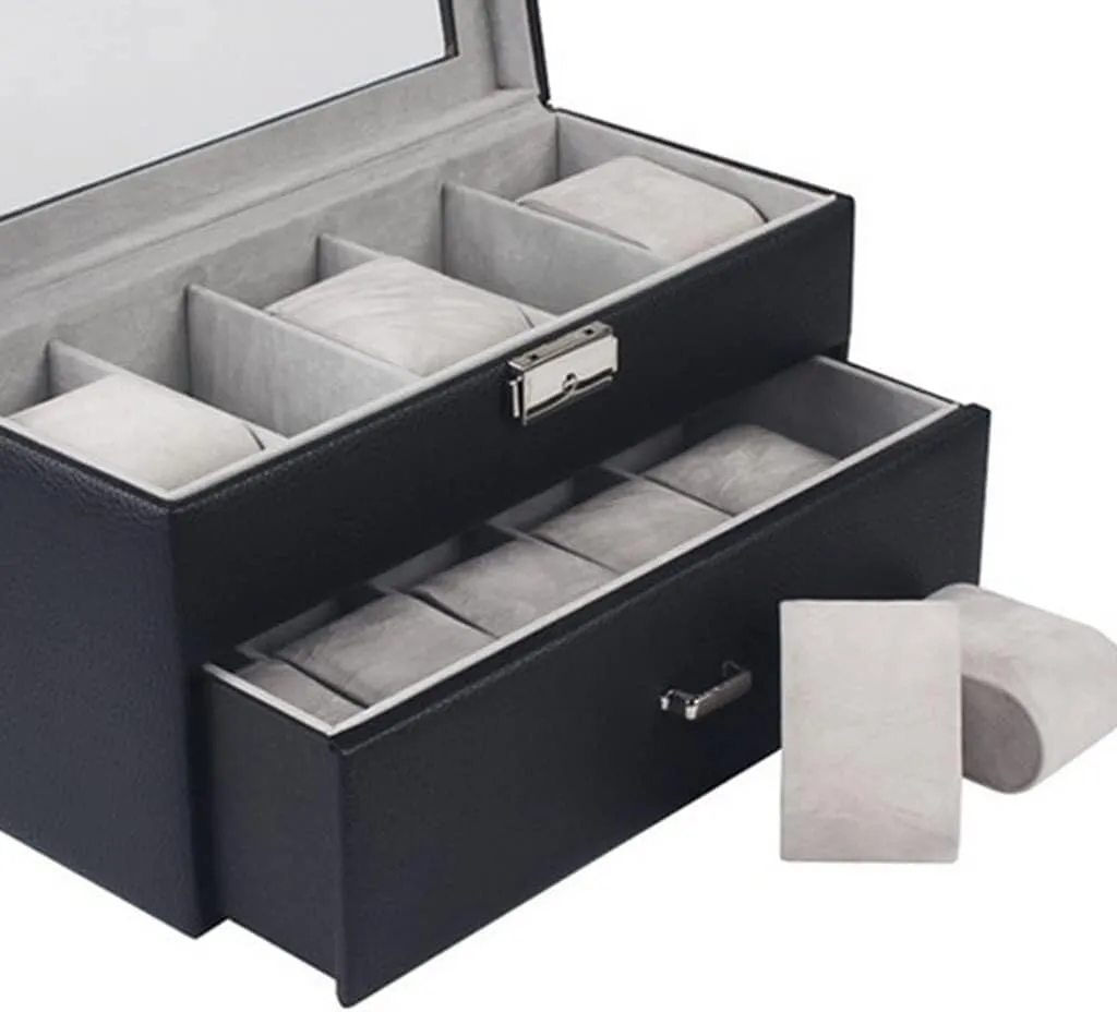 Velvet Interior and slumber illuminate leafcutter reproduce vigilance Metal Lock, Two-Layer Jewelry Display Drawer, White(White,Patch five) 10 Slot Leather Watch Box with 