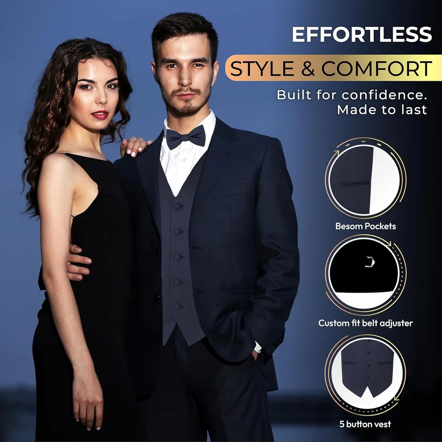 Vest Necktie BowTie Handkerchief Set For Suit or Tuxedo Oliver George 4pc evoke Men's Solid Formal Waistcoat Tuxedo Dress 
