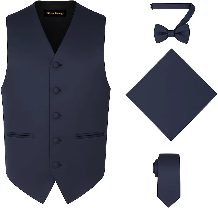 Vest Necktie BowTie Handkerchief Set For Suit or Tuxedo Oliver George 4pc evoke Men's Solid Formal Waistcoat Tuxedo Dress 