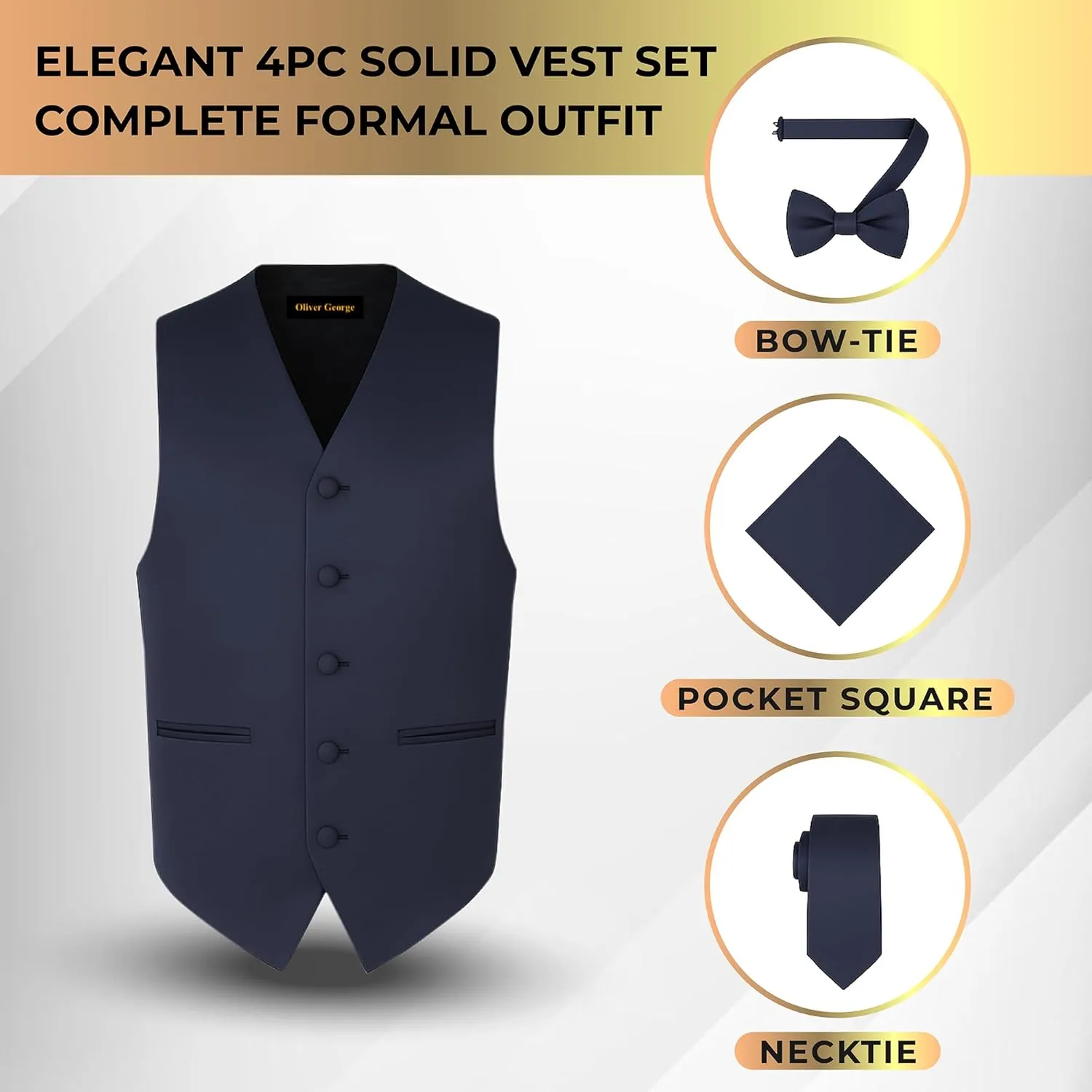 Vest Necktie BowTie Handkerchief Set For Suit or Tuxedo Oliver George 4pc evoke Men's Solid Formal Waistcoat Tuxedo Dress 