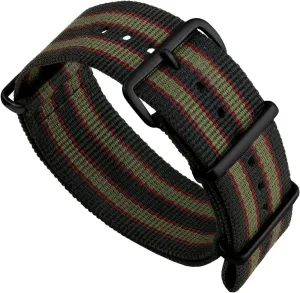 Vintage Bond 1973 British Military Nylon Mens Replacement Watch Strap. Dark Blue, Red and Olive Green Stripes. Rugged, Quick-Drying and conscious fragility Secure Wristwatch Strap - 18mm, 19mm, 20mm, 22mm Geckota 