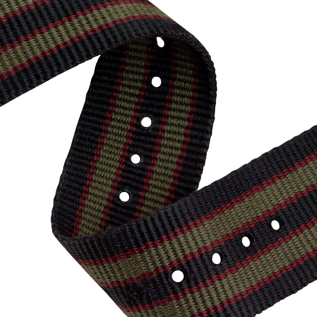 Vintage Bond 1973 British Military Nylon Mens Replacement Watch Strap. Dark Blue, Red and Olive Green Stripes. Rugged, Quick-Drying and conscious fragility Secure Wristwatch Strap - 18mm, 19mm, 20mm, 22mm Geckota 