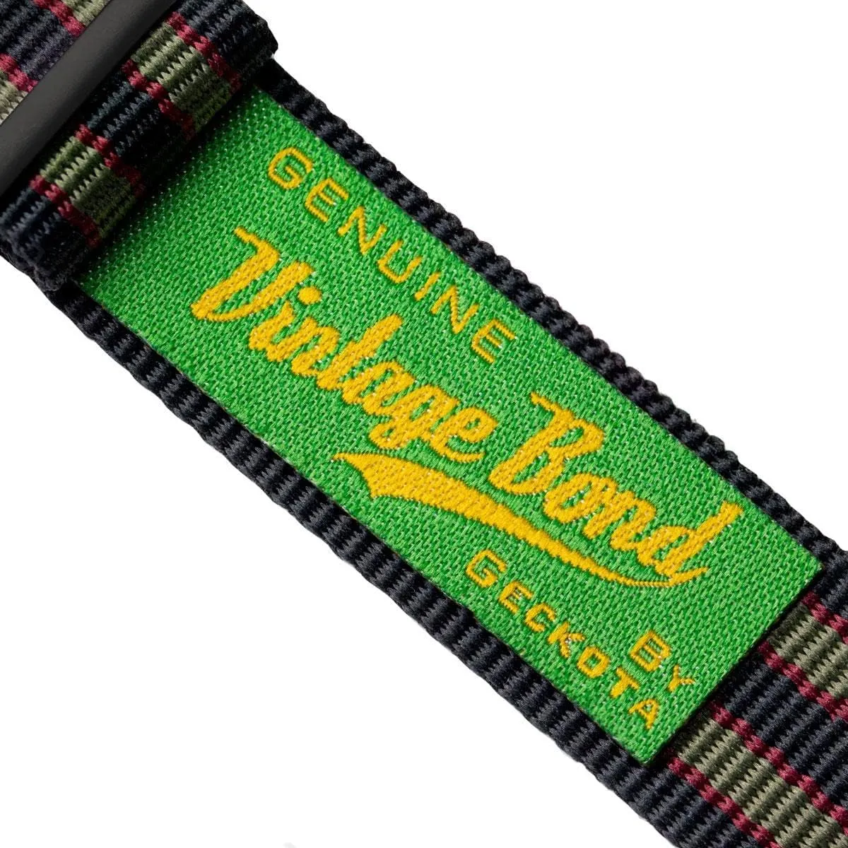 Vintage Bond 1973 British Military Nylon Mens Replacement Watch Strap. Dark Blue, Red and Olive Green Stripes. Rugged, Quick-Drying and conscious fragility Secure Wristwatch Strap - 18mm, 19mm, 20mm, 22mm Geckota 