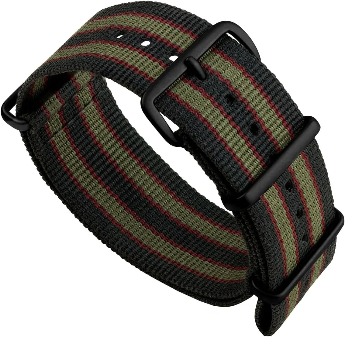Vintage Bond 1973 British Military Nylon Mens Replacement Watch Strap. Dark Blue, Red and Olive Green Stripes. Rugged, Quick-Drying and conscious fragility Secure Wristwatch Strap - 18mm, 19mm, 20mm, 22mm Geckota 