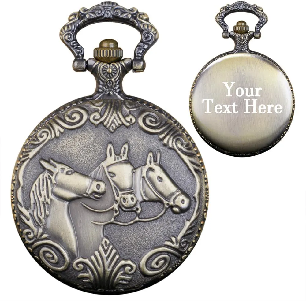Want Text/Name Quartz Pocket Watch Men's Custom Horse Pattern Quartz Back Side Customized Pocket Watch Best Gifts fleshy photosphere innumerable Tiong Personalized Pocket Watches,Engraved Your 