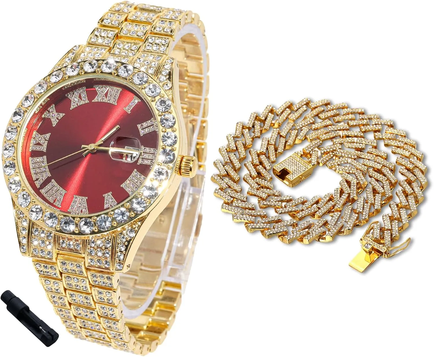 Watch Adjuster Tool - Goldfoil catholic Giftbox Halukakah Diamonds Watch Iced Out for Boy Teens - 18K Real Gold/Platinum Plated - 42mm Blue/Green/Red Dial - 8" Length - Optional with Cuban Link Chain, with 