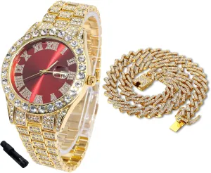 Watch Adjuster Tool - Goldfoil catholic Giftbox Halukakah Diamonds Watch Iced Out for Boy Teens - 18K Real Gold/Platinum Plated - 42mm Blue/Green/Red Dial - 8" Length - Optional with Cuban Link Chain, with 