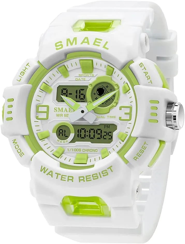 Watch Analog Digital Dual Display Wristwatch Fashion Women Sport Watches prodigious 50M Water Resistant Stopwatch (White Green) White Pu Band Girls' 