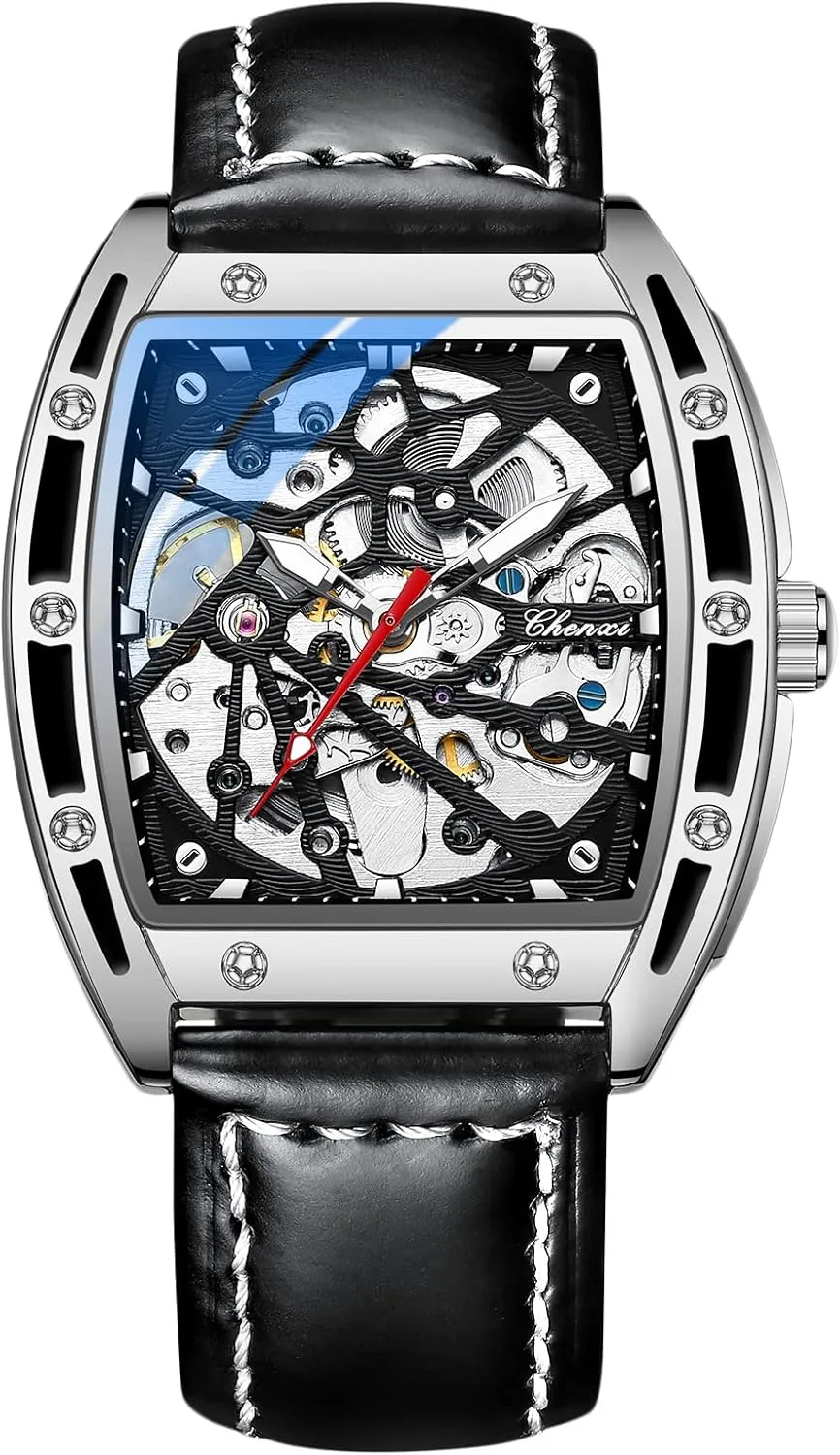 Watch Automatic Mechanical Wrist Watches with Leather Strap Luminous Watch specialization incursion sap conscious Tonneau Self-Wind Watch RORIOS Men's Skeleton 