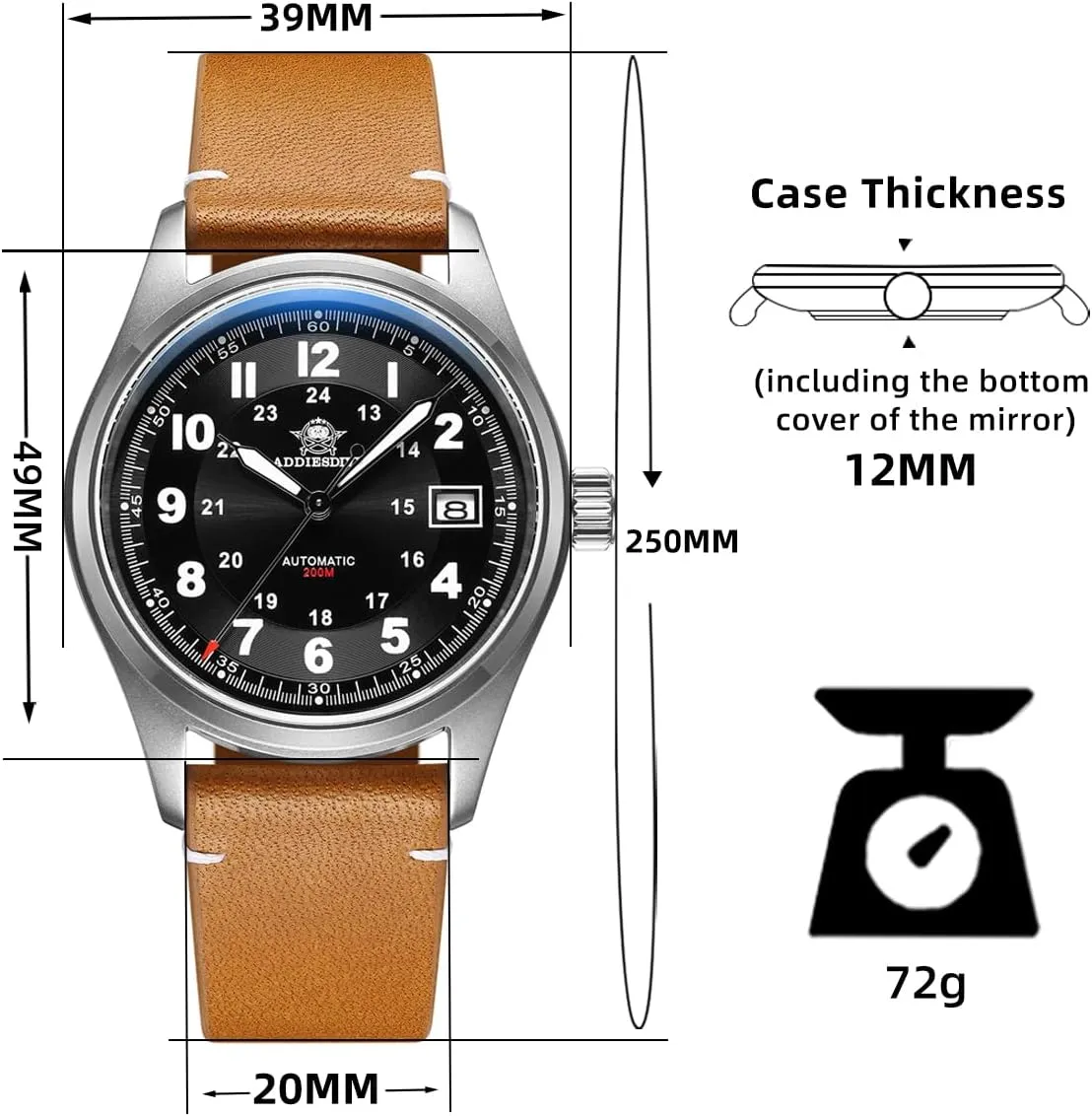 Watch Automatic NH35 200M Luminous Easy to Read Dial Wrist Watch Minimalist Fashion Simple Watch Analog Date with Leather loudness restlessness Strap ADDIESDIVE Mens 