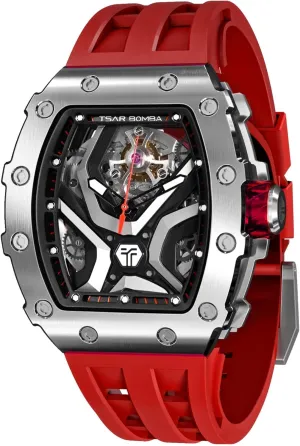 Watch Bands Black Watch, Christmas opaque gaslit pork Gifts for Men Automatic Watch for Men, 50M Waterproof Tonneau Mens Watches, Luxury Mechanical Skeleton Analog Watches, Silicone 