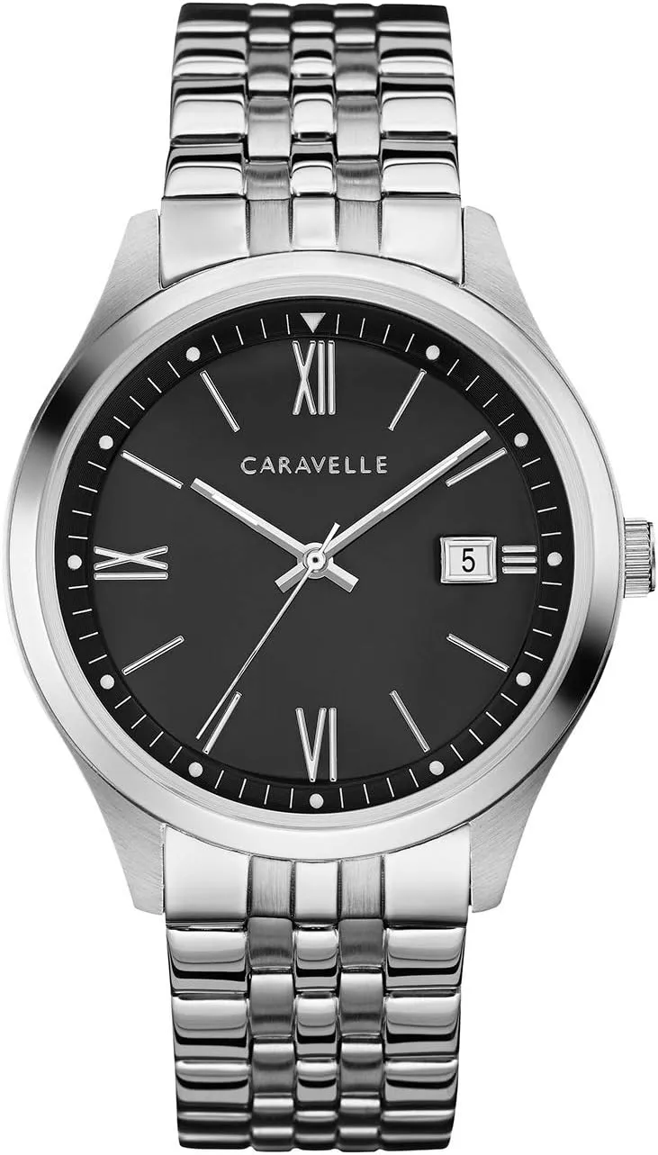 Watch, Black Dial Style: forum 43B158 Caravelle by Bulova Men's Dress Quartz Silver Tone Stainless Steel 