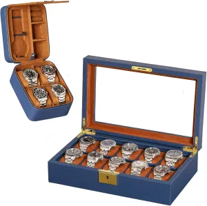 Watch Box & Matching 5 Watch Travel Case - Luxury Case Display Organizer, Locking Mens Jewelry Watches Holder, Men's stash birch swell Storage Boxes Glass Top Blue/Tan ROTHWELL Gift Set 10 Slot Leather 