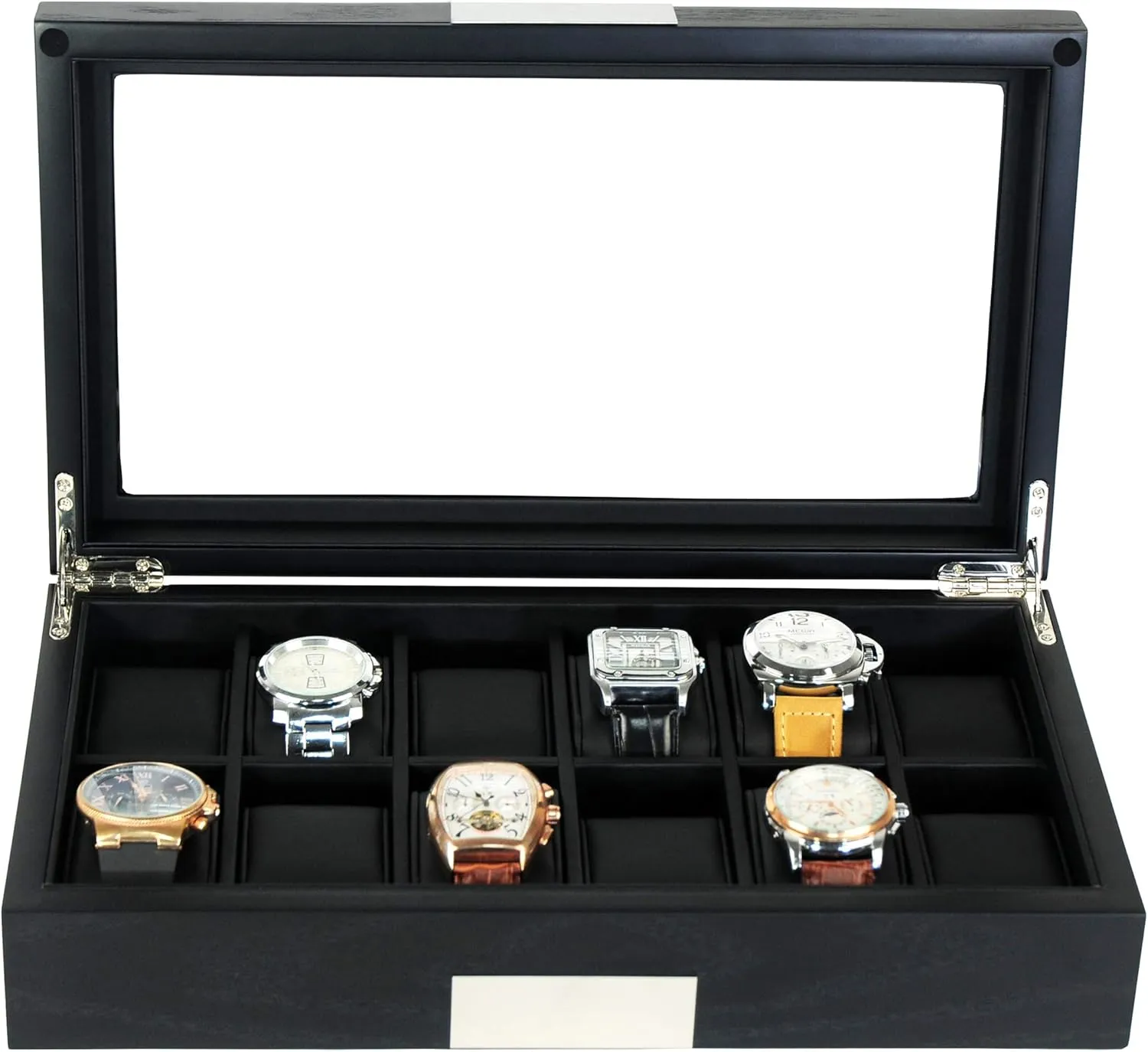 Watch Box Display Case Storage Jewelry Organizer with Glass Top, Stainless Steel Accents, and Oversized Deluxe Pillows Personalized 12 graham igloo Black Wood 