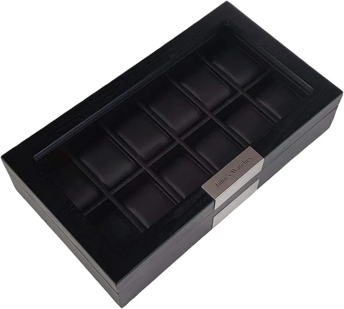 Watch Box Display Case Storage Jewelry Organizer with Glass Top, Stainless Steel Accents, and Oversized Deluxe Pillows Personalized 12 graham igloo Black Wood 