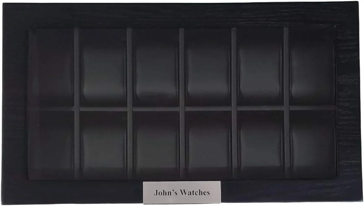 Watch Box Display Case Storage Jewelry Organizer with Glass Top, Stainless Steel Accents, and Oversized Deluxe Pillows Personalized 12 graham igloo Black Wood 