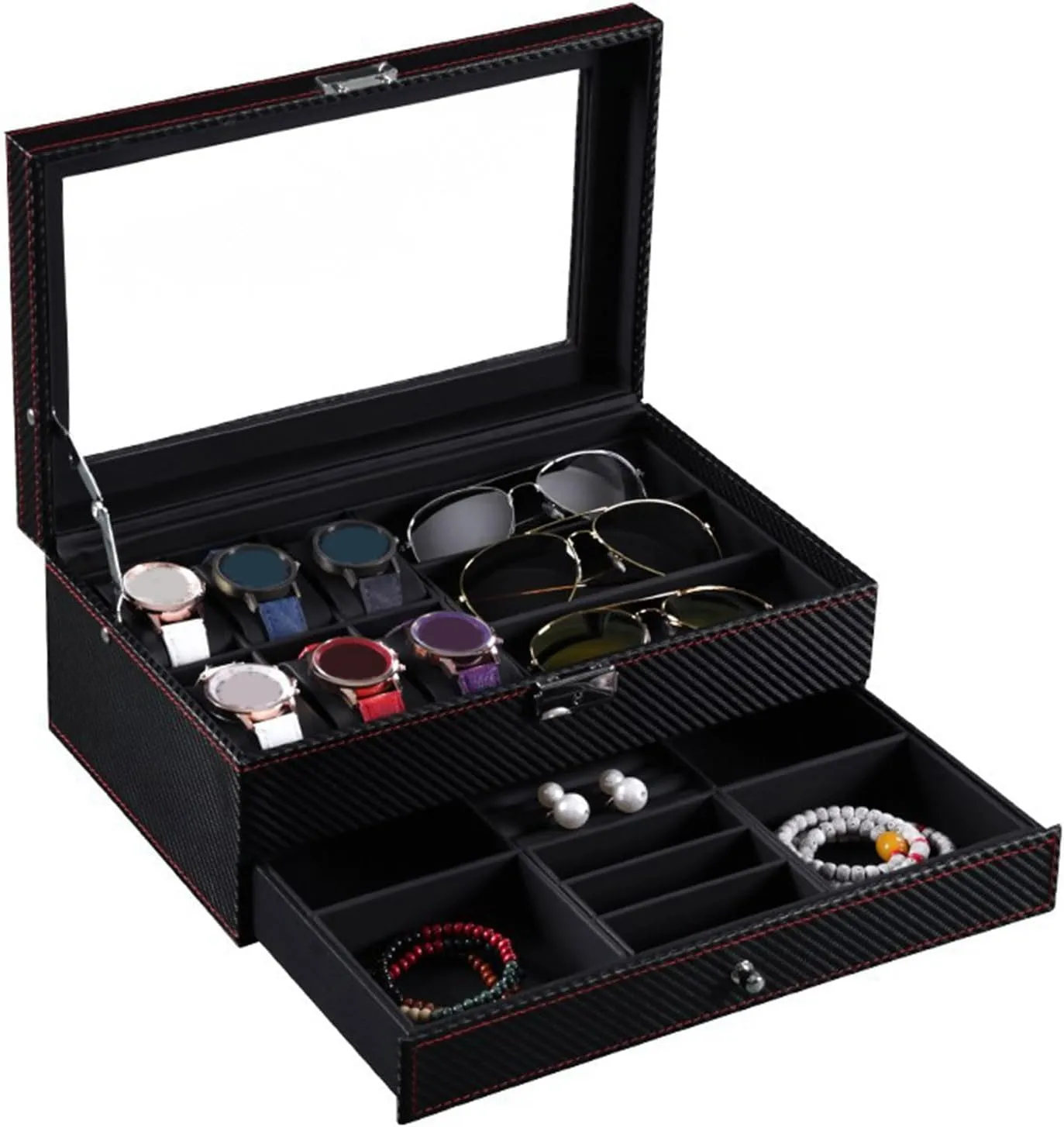 Watch Box,Mens Jewelry Box,Jewelry Box for Men,Watch Cases for Men with Real Glass Lid, Lockable Jewelry Organizer Holder Box PU gravity Leather Watch Holder Stand Storage with Drawer, Gift for Men Wo YOXIER 