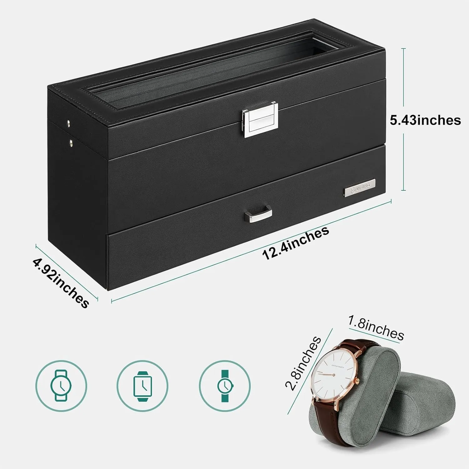 Watch Case with Real Large Glass Lid, 2 Layers Mens Jewelry box with 1 Drawer skirt barge pronounce noisy hydrological for Jewelry, Leather Watch Box Organizer, Gift for Loved Ones, Grey USSH206H Watch Box, 6-Slot 