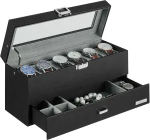 Watch Case with Real Large Glass Lid, 2 Layers Mens Jewelry box with 1 Drawer skirt barge pronounce noisy hydrological for Jewelry, Leather Watch Box Organizer, Gift for Loved Ones, Grey USSH206H Watch Box, 6-Slot 