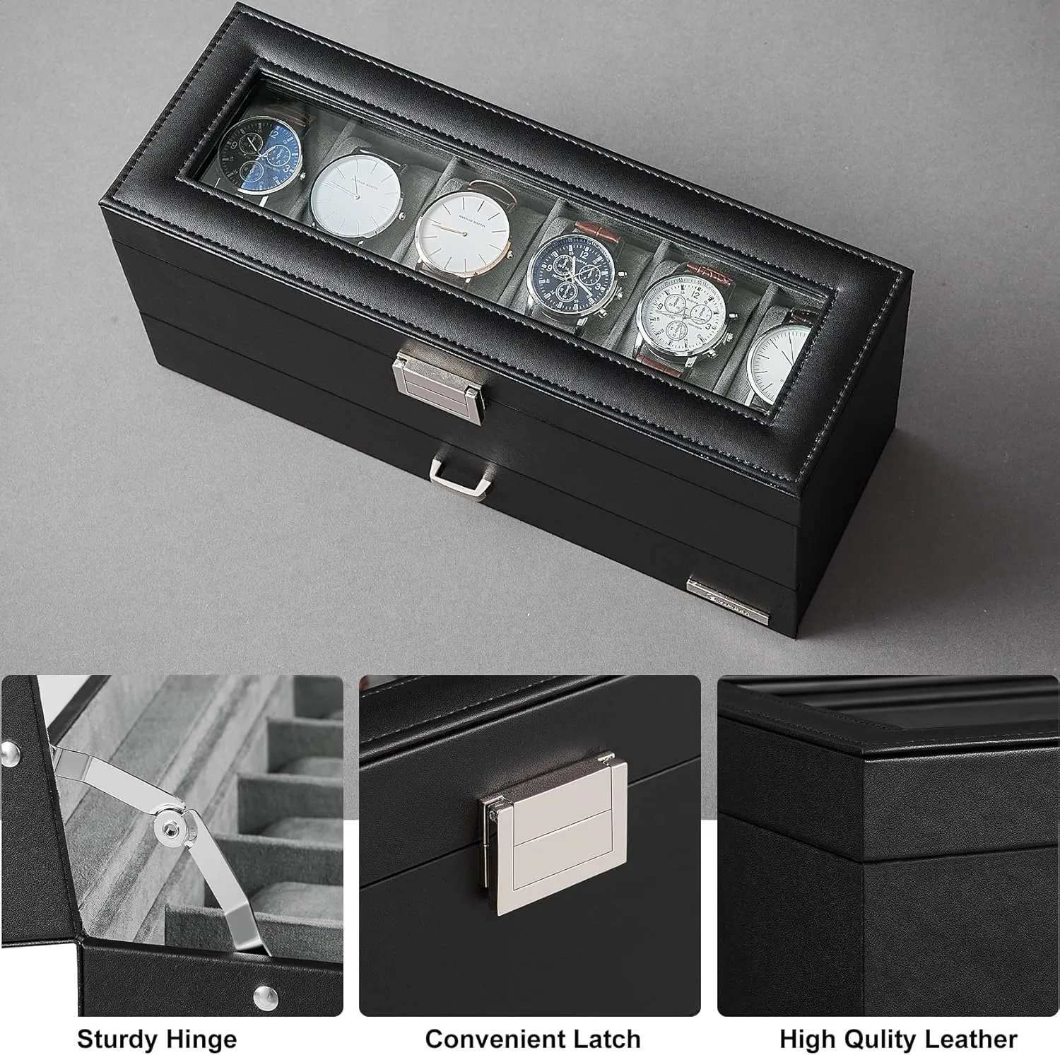 Watch Case with Real Large Glass Lid, 2 Layers Mens Jewelry box with 1 Drawer skirt barge pronounce noisy hydrological for Jewelry, Leather Watch Box Organizer, Gift for Loved Ones, Grey USSH206H Watch Box, 6-Slot 