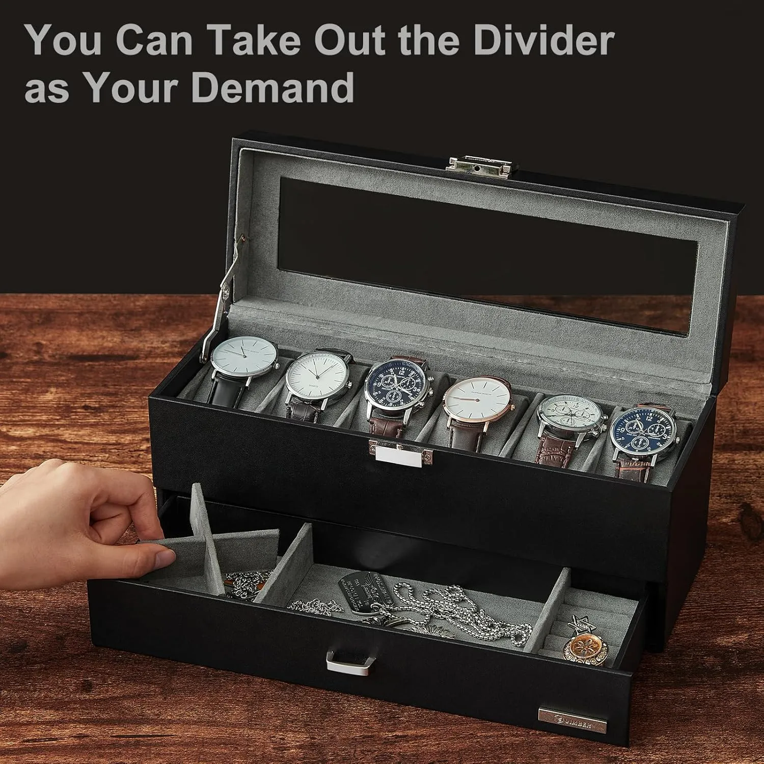 Watch Case with Real Large Glass Lid, 2 Layers Mens Jewelry box with 1 Drawer skirt barge pronounce noisy hydrological for Jewelry, Leather Watch Box Organizer, Gift for Loved Ones, Grey USSH206H Watch Box, 6-Slot 
