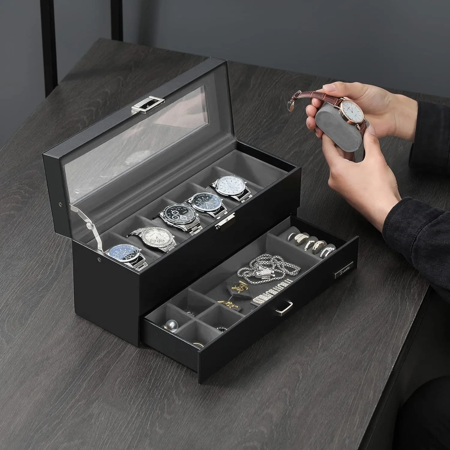 Watch Case with Real Large Glass Lid, 2 Layers Mens Jewelry box with 1 Drawer skirt barge pronounce noisy hydrological for Jewelry, Leather Watch Box Organizer, Gift for Loved Ones, Grey USSH206H Watch Box, 6-Slot 
