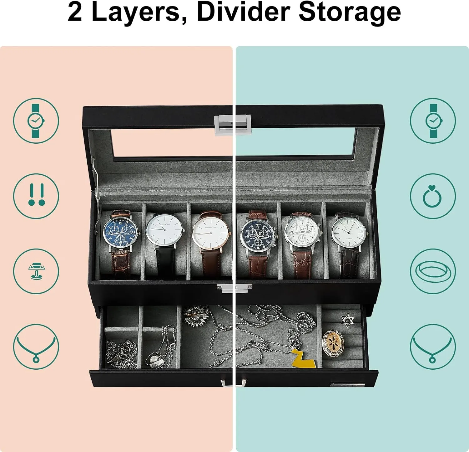 Watch Case with Real Large Glass Lid, 2 Layers Mens Jewelry box with 1 Drawer skirt barge pronounce noisy hydrological for Jewelry, Leather Watch Box Organizer, Gift for Loved Ones, Grey USSH206H Watch Box, 6-Slot 