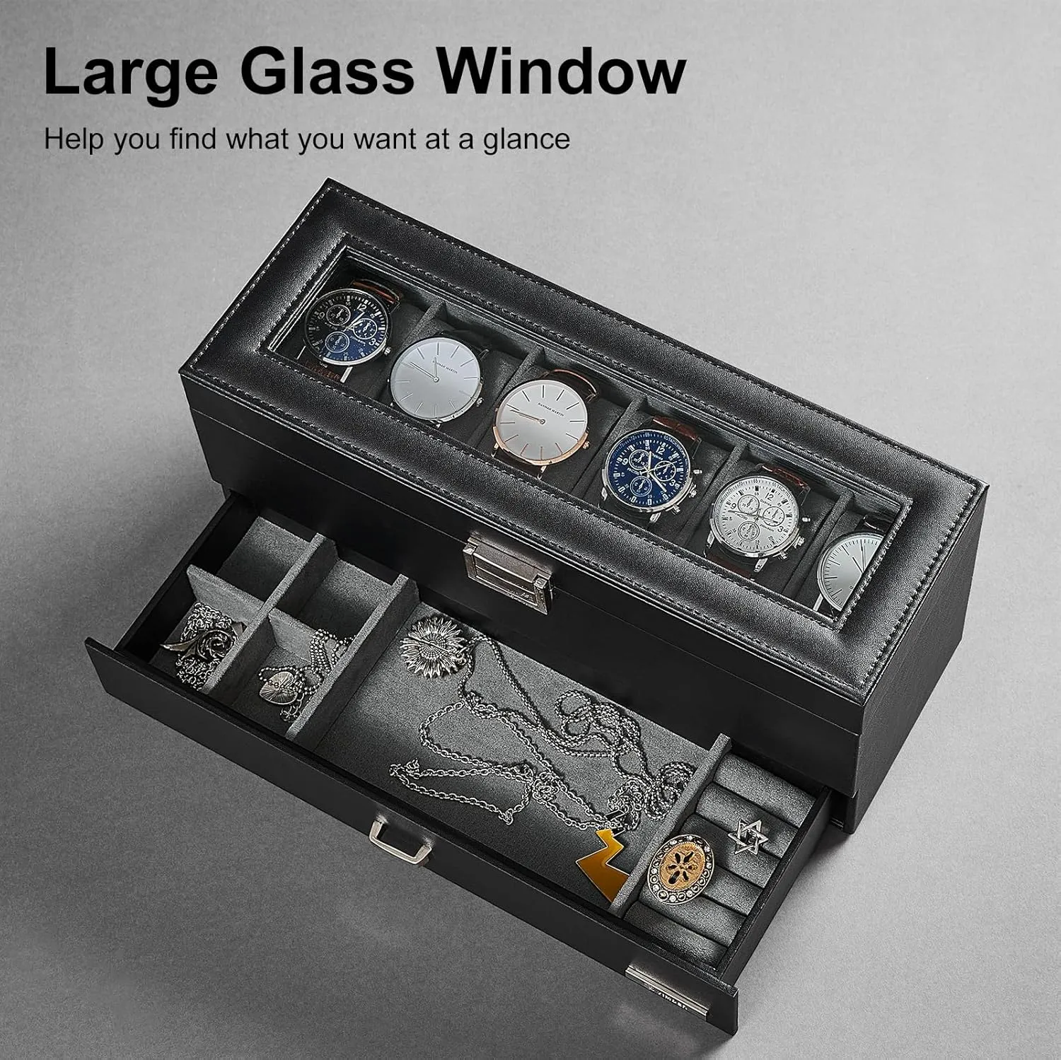 Watch Case with Real Large Glass Lid, 2 Layers Mens Jewelry box with 1 Drawer skirt barge pronounce noisy hydrological for Jewelry, Leather Watch Box Organizer, Gift for Loved Ones, Grey USSH206H Watch Box, 6-Slot 