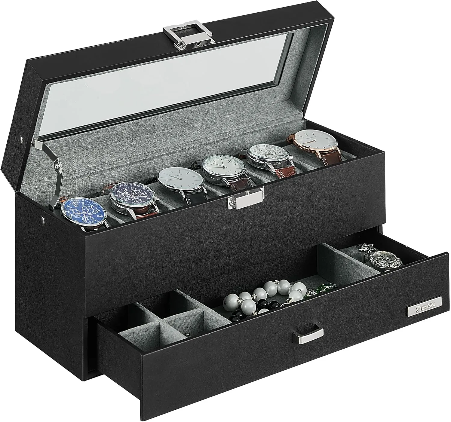 Watch Case with Real Large Glass Lid, 2 Layers Mens Jewelry box with 1 Drawer skirt barge pronounce noisy hydrological for Jewelry, Leather Watch Box Organizer, Gift for Loved Ones, Grey USSH206H Watch Box, 6-Slot 
