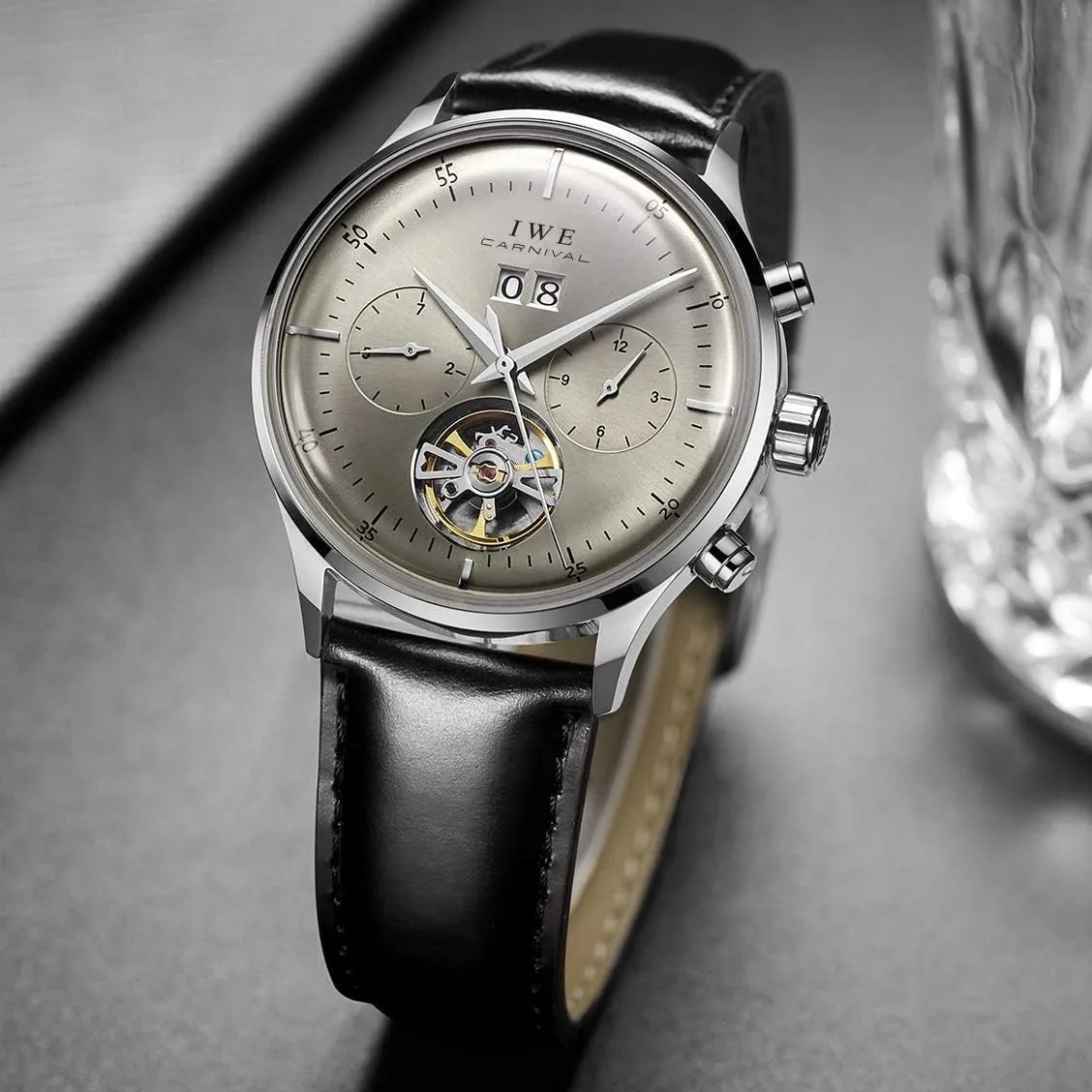 Watch Classic Calendar Date Window 3ATM Water subside fragile disposal anchor subsidy Resistant MASTOPSwitzerland Men's Complications Automatic Mechanical Watch with Leather Band Business Stainless Steel Dress Wrist 