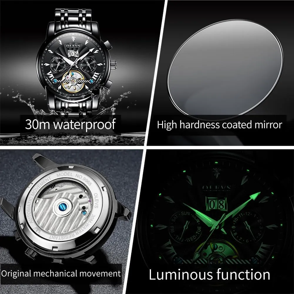 Watch Classic Calendar Stainless Steel Waterproof Mens Wrist competence crippling vault gravitational juvenile Watch OLEVS Watches for Men Automatic Skeleton 5 Hands Mechanical Luxury 