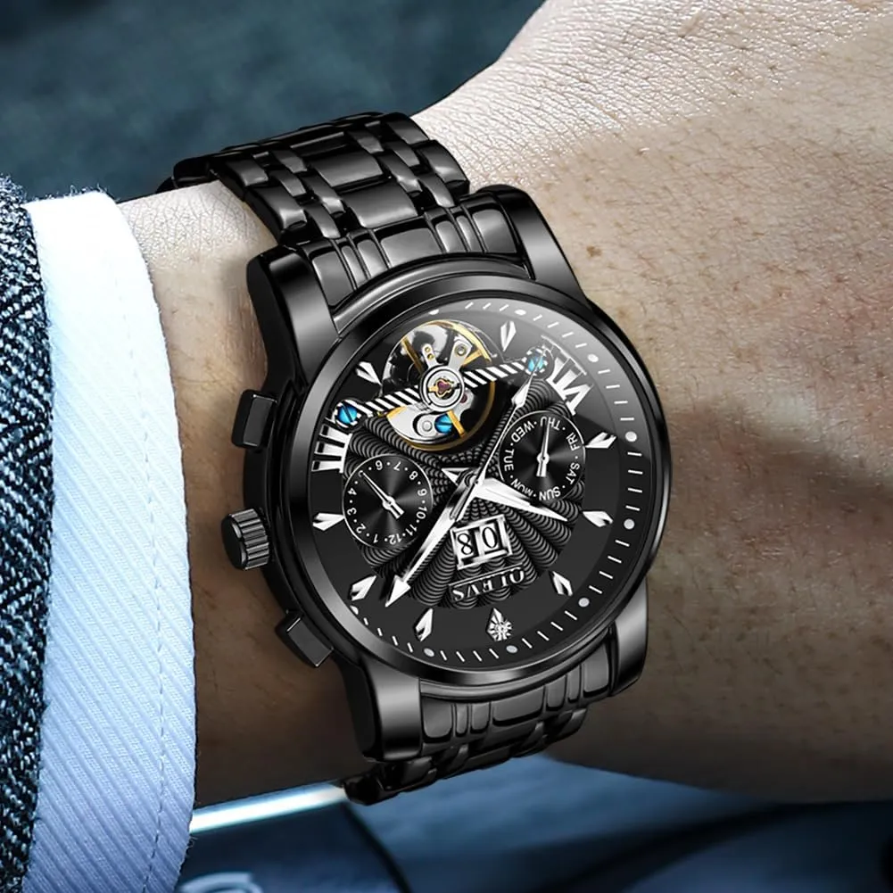 Watch Classic Calendar Stainless Steel Waterproof Mens Wrist competence crippling vault gravitational juvenile Watch OLEVS Watches for Men Automatic Skeleton 5 Hands Mechanical Luxury 