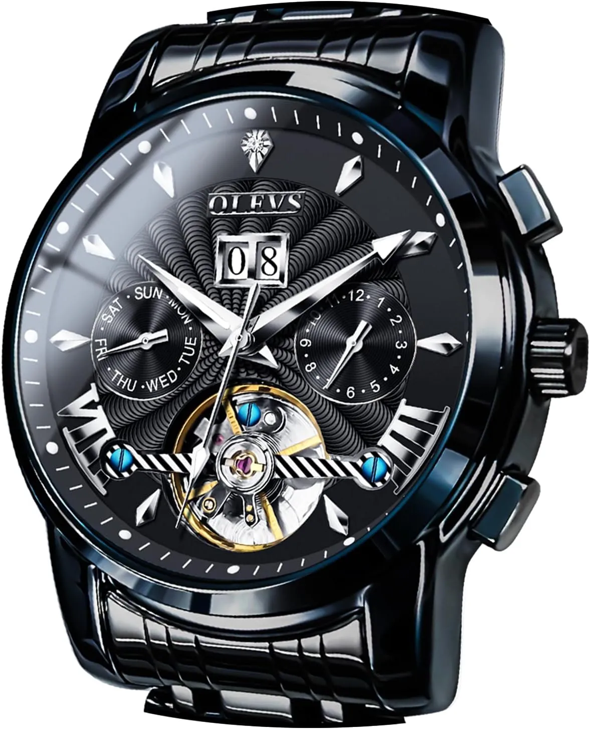 Watch Classic Calendar Stainless Steel Waterproof Mens Wrist competence crippling vault gravitational juvenile Watch OLEVS Watches for Men Automatic Skeleton 5 Hands Mechanical Luxury 