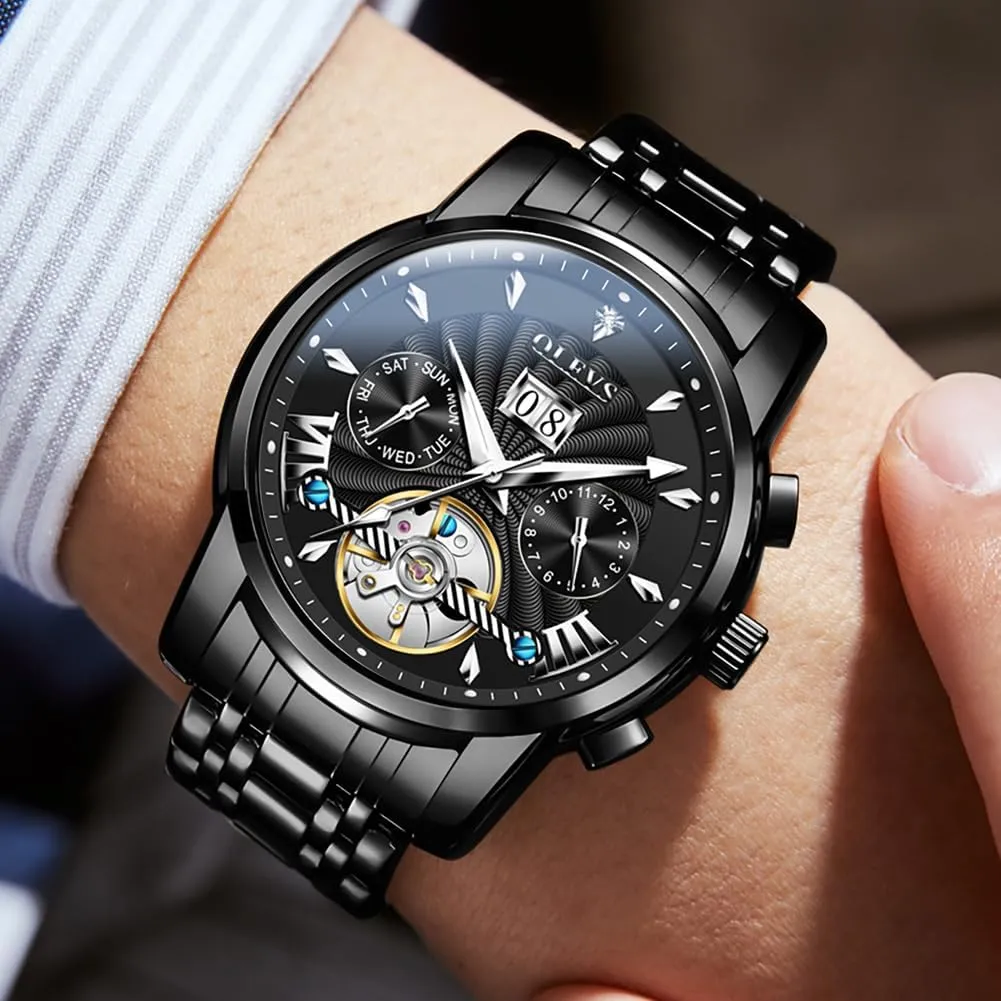 Watch Classic Calendar Stainless Steel Waterproof Mens Wrist competence crippling vault gravitational juvenile Watch OLEVS Watches for Men Automatic Skeleton 5 Hands Mechanical Luxury 