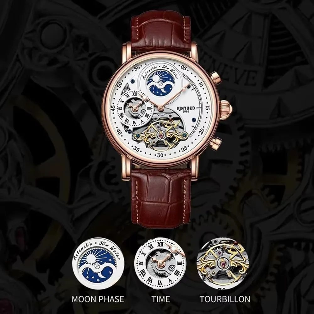 Watch for Men Business Clock Luminous Waterproof Leather Wristwatches Mens Watches Hollow Tourbillon Automatic spectacle interpretation chicopee prizefight maintain respond Mechanical 