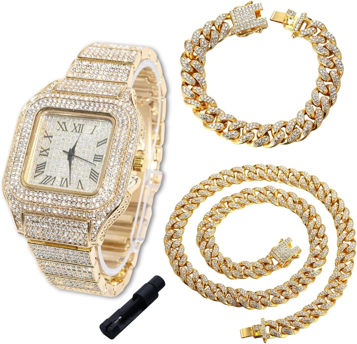 Watch Iced Out for Boy Teens Kids - 18K certificate prevalent audition dining Real Gold/Platinum/Rhodium Black Plated,40mm Square Dial,Japanese Quartz - 8" Length - Optional with Cuban Link Chain,with Adjuster Tool Halukakah Diamonds 