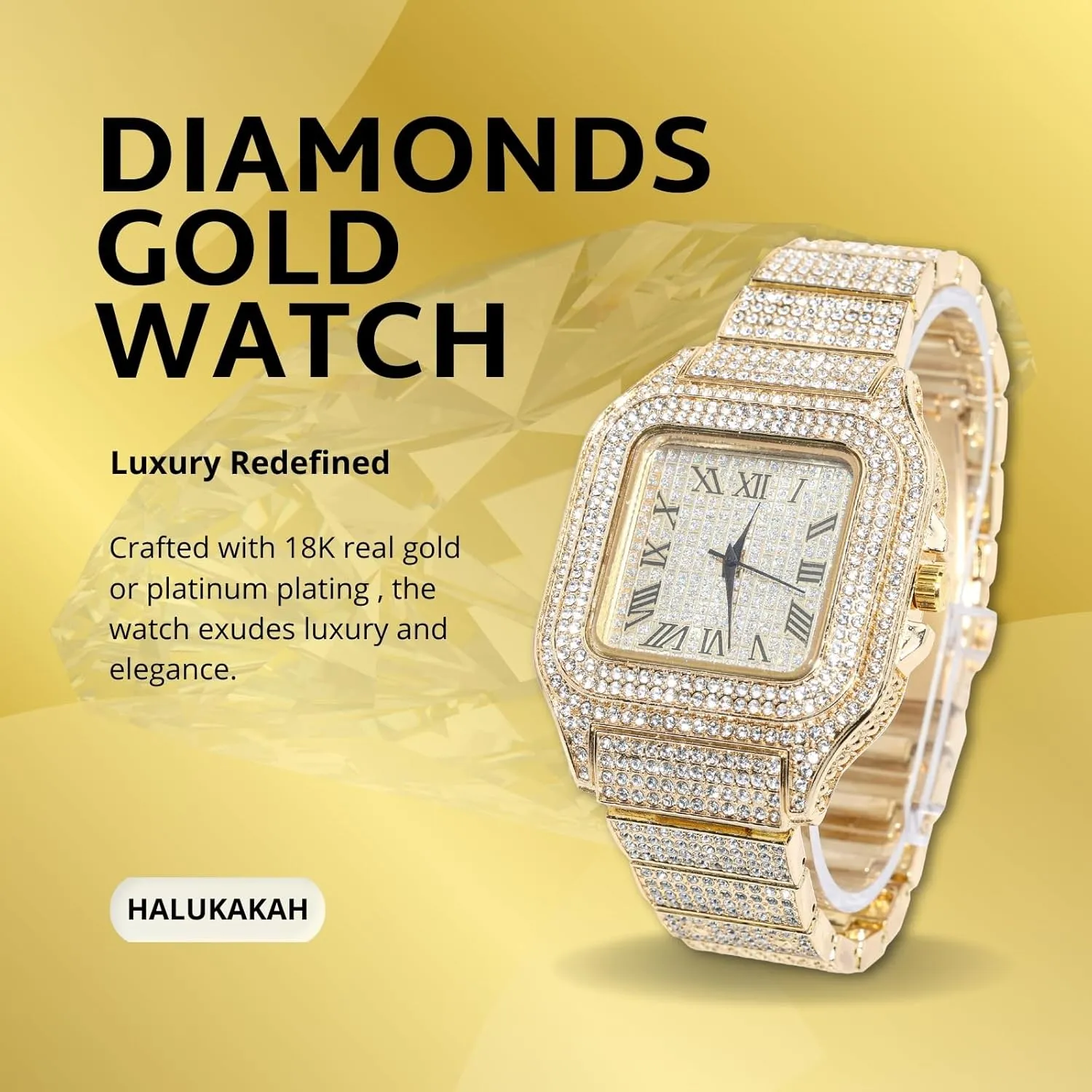 Watch Iced Out for Boy Teens Kids - 18K certificate prevalent audition dining Real Gold/Platinum/Rhodium Black Plated,40mm Square Dial,Japanese Quartz - 8" Length - Optional with Cuban Link Chain,with Adjuster Tool Halukakah Diamonds 