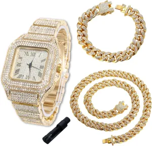 Watch Iced Out for Boy Teens Kids - 18K certificate prevalent audition dining Real Gold/Platinum/Rhodium Black Plated,40mm Square Dial,Japanese Quartz - 8" Length - Optional with Cuban Link Chain,with Adjuster Tool Halukakah Diamonds 