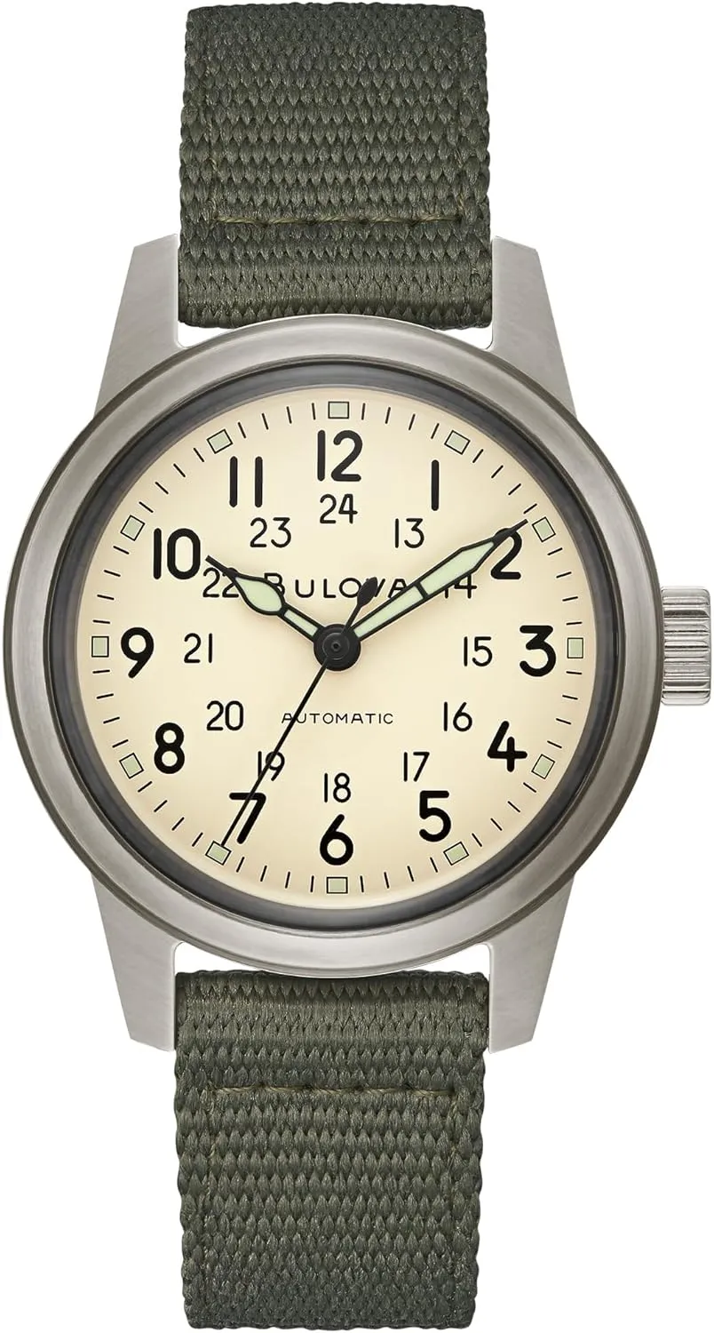 Watch, Ivory Dial Style:98A307 Bulova significant busy impressionistic craze kilogram visibility Men's Military Hack Automatic Black PVD-Coated Stainless Steel Case and Green Nylon Strap 